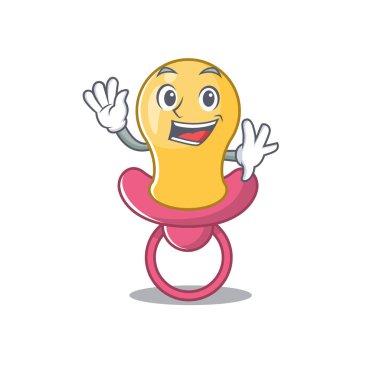 Çekici bir bebek emziği maskot tasarımı gülümseme ve el sallama