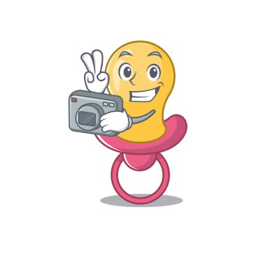 Kamerayla çalışan profesyonel bir fotoğrafçı bebek emziği çizgi filmi.