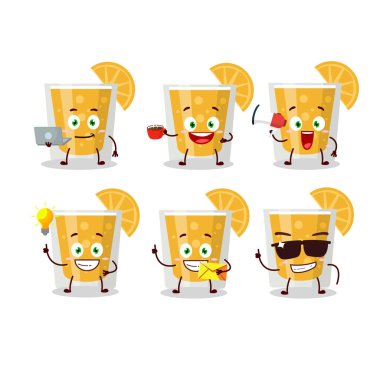 Çeşitli iş simgelerine sahip portakal suyu çizgi film karakteri