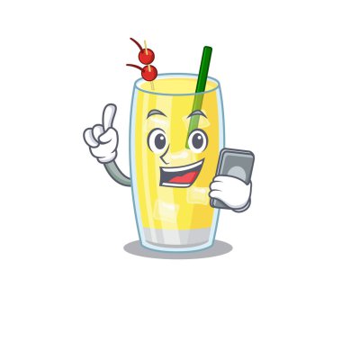Pina colada kokteyl karikatür karakteri telefonda arkadaşlarıyla konuşuyor.