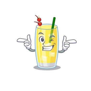 Pina colada kokteylinin çizgi film tasarımı. Göz kırpan komik yüzünü gösteriyor.