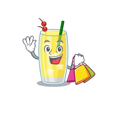 Zengin pina colada kokteyl karikatür karakteri alışveriş torbalarıyla