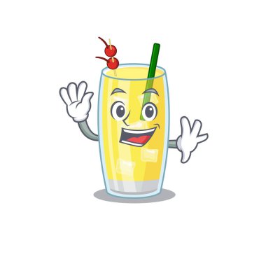 Büyüleyici bir pina colada kokteyli maskot tasarımı gülümseme ve el sallama