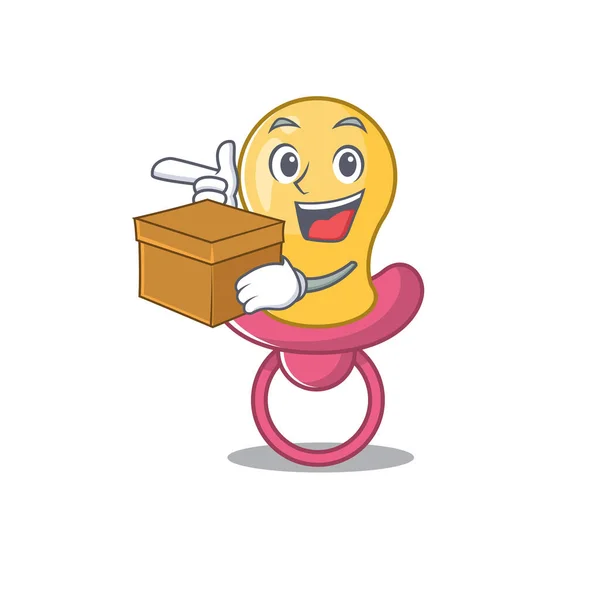 Een vrolijke baby fopspeen cartoon ontwerp concept met een doos — Stockvector