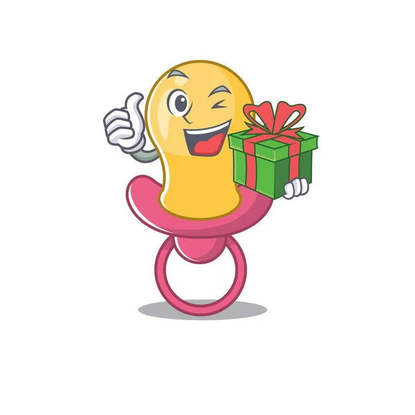 Fröhliche Baby Schnuller Cartoon-Figur mit einem großen Geschenkkarton — Stockvektor