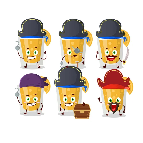 Personagem de desenhos animados de suco de laranja com vários emoticons piratas — Vetor de Stock