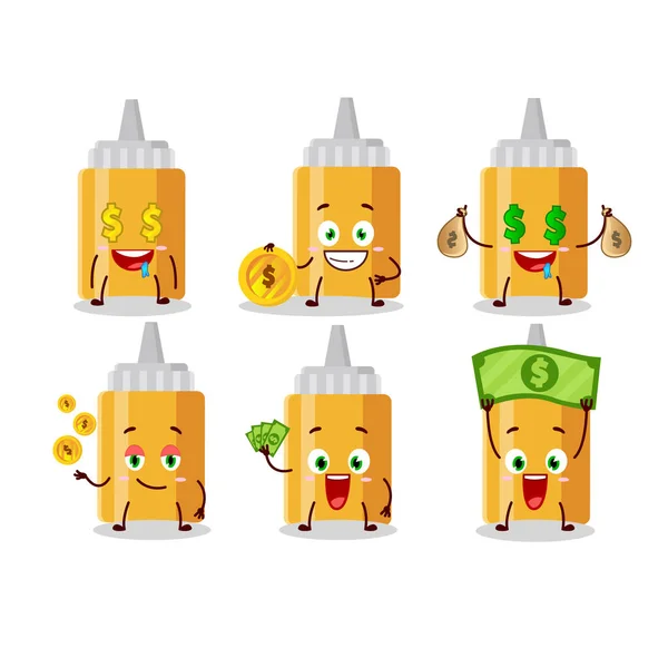 Mayonaise botol karakter kartun dengan emoticon lucu membawa uang - Stok Vektor