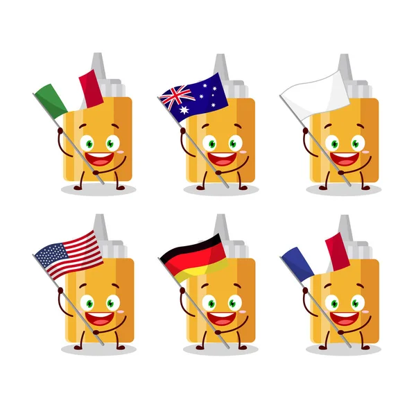 Majonéza láhev karikatura postava přinést vlajky různých zemí — Stockový vektor