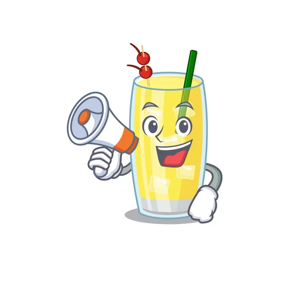 Mascot design of pina colada cocktail announcing new products on a megaphone — Stock Vector