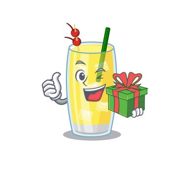 Büyük hediye kutusu olan neşeli pina colada kokteyl çizgi film karakteri.