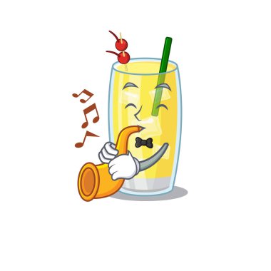 Pina colada karikatür tasarımında trompet çalan bir kokteyl müzisyeni.