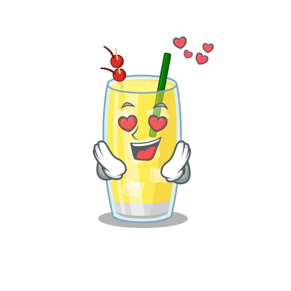 Romântico pina colada cocktail personagem de desenho animado tem uma queda nos olhos de amor — Vetor de Stock