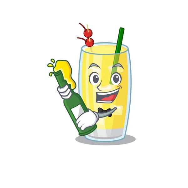 피나 콜라 다 칵테일 (pina colada cocktail) 에 대한 만화적 인 디자인의 개념은 맥주 한 병 과 함께 환호하고 있습니다. — 스톡 벡터