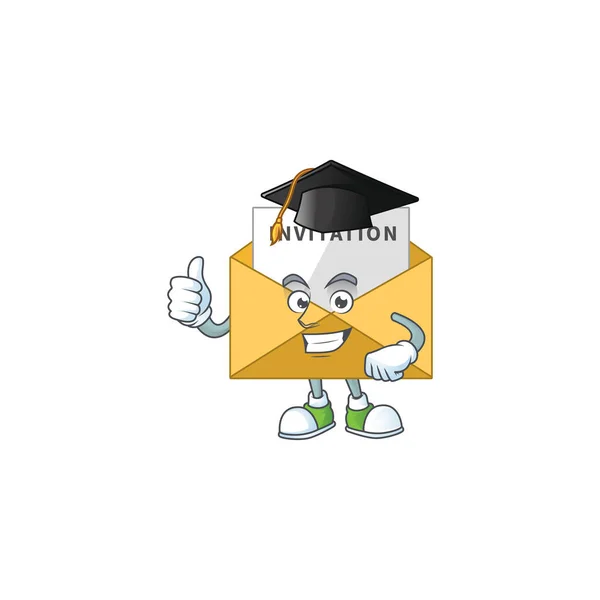 Glad Ansikte Mascot Design Koncept Inbjudan Meddelande Bär Graduation Hatt — Stock vektor