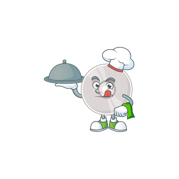 A compact disk chef cartoon mascot design with hat and tray — Stock Vector