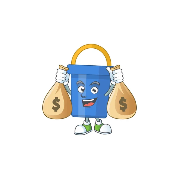 Een bescheiden rijk blauw zandbak karikatuur karakter ontwerp met geldzakken — Stockvector