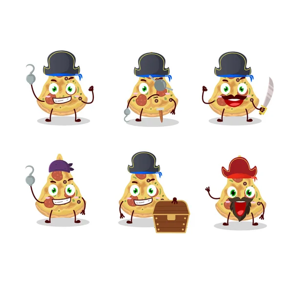 Personaje de dibujos animados de rebanada de pizza con varios emoticonos piratas — Vector de stock