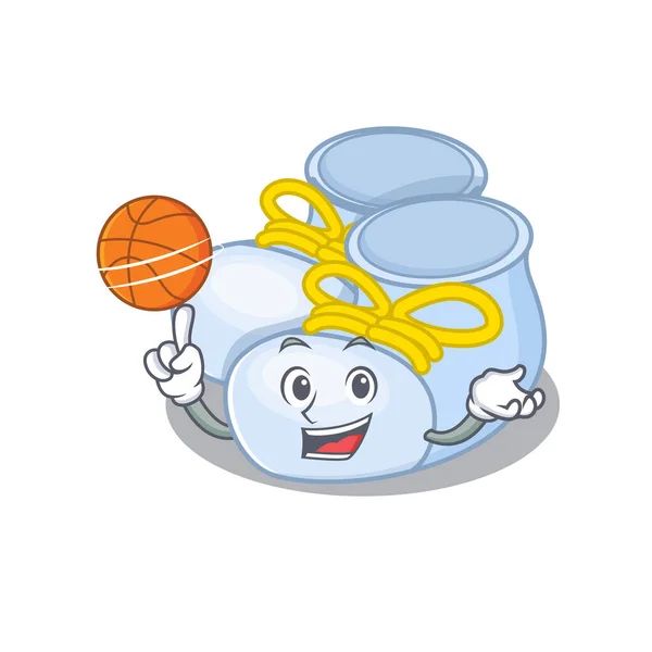 Sportivo disegno della mascotte del fumetto di stivali bambino ragazzo con basket — Vettoriale Stock