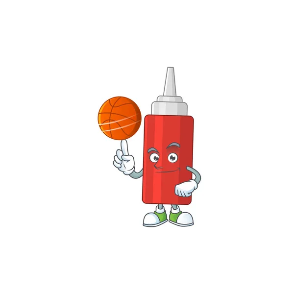 Um estilo de design de mascote de garrafa de molho esportivo jogando basquete na liga —  Vetores de Stock