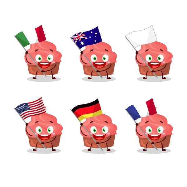 Personagem de desenho animado bolo de morango trazer as bandeiras de vários países — Vetor de Stock