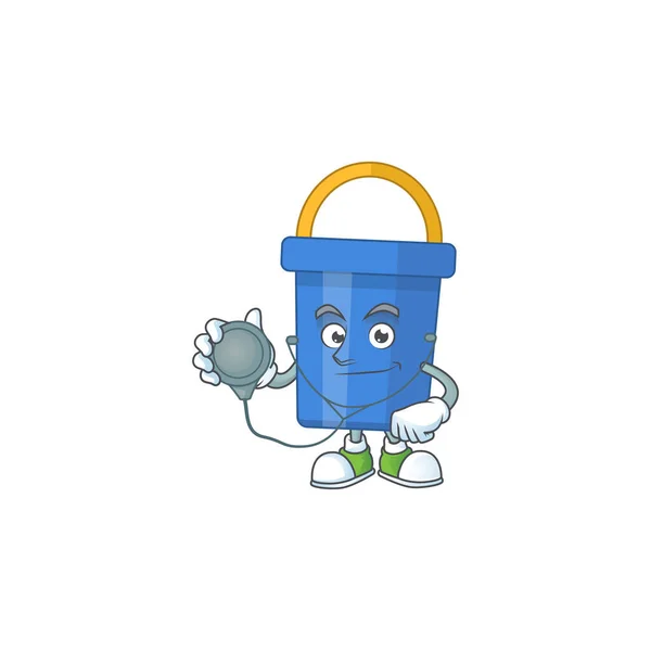 Cartoon karakter van blauw zand emmer gewijd Doctor Werk met stethoscoop — Stockvector