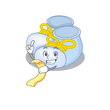 Erkek bebek elinde menü olan maskot çizmeleri.