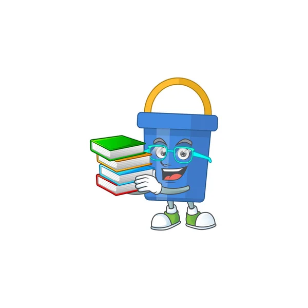 Een mascotte ontwerp van blauw zand emmer student hebbend boeken — Stockvector