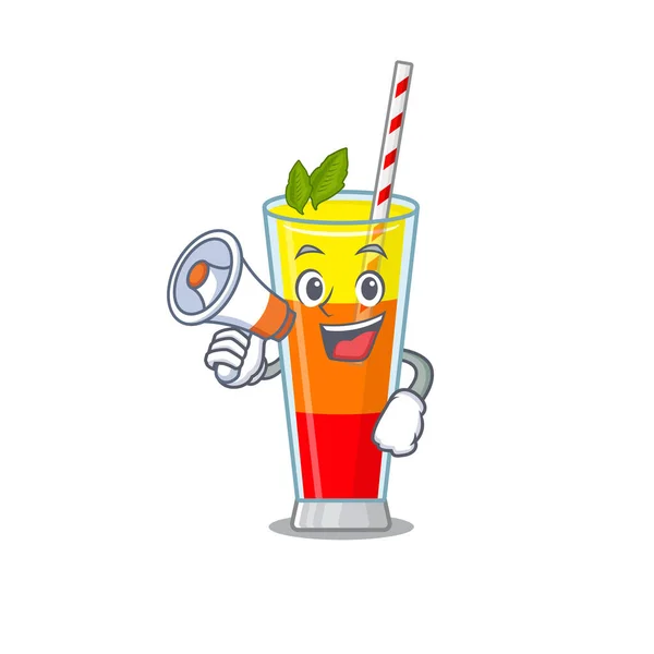 Mascotte ontwerp van tequila sunrise cocktail aankondiging van nieuwe producten op een megafoon — Stockvector