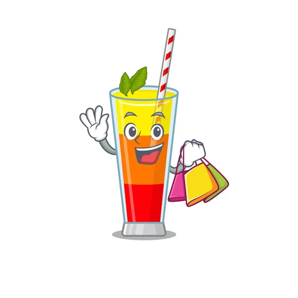 Wealthy tequila sunrise cocktail cartoon character with shopping bags — Stock Vector