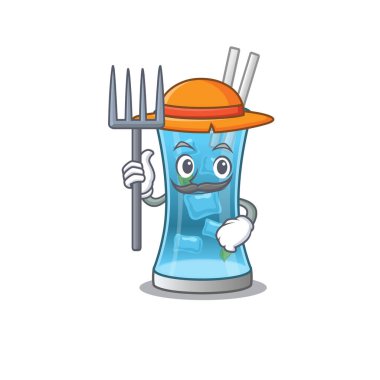 Mavi Hawaii kokteyl maskotu tasarımı şapka takan bir çiftçi olarak çalışıyor.