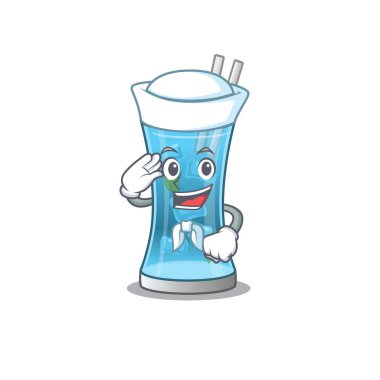 Mavi Hawaii kokteylinin beyaz şapka ve kravat takan gülen denizci çizgi film karakteri.