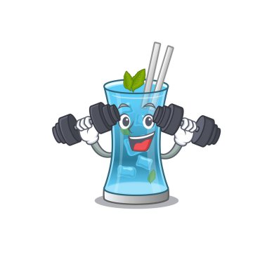 Mavi Hawaii kokteyl maskot tasarımı egzersiz sırasında halterleri kaldırmaktan mutluluk duyar.