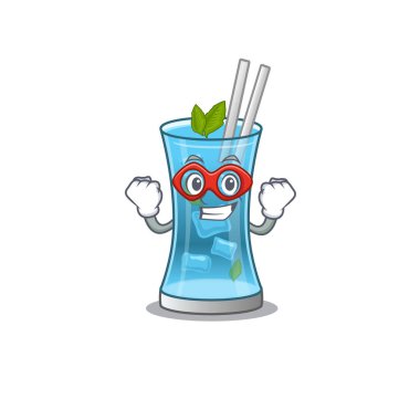 Süper kahraman karakterinde mavi Hawaii kokteyli çizimi.