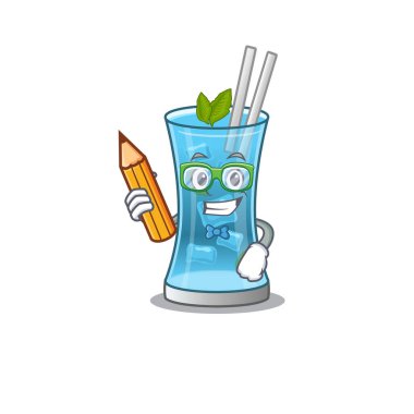 Zeki bir öğrenci. Mavi Hawaii kokteyl çizgi film karakteri çalışması.