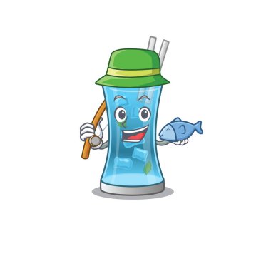 Mavi Hawaii kokteylinin çizgi film tasarım stili balığa gidiyor.