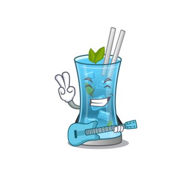Blue Hawai Kokteyl Karikatür Tasarımı 'nın parlak müzisyeni gitarla müzik çalıyor.