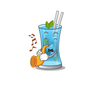 Mavi Hawaii kokteyl müzisyeni. Çizgi film tasarımcısı. Trompet çalıyor.