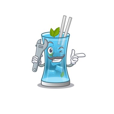 Tamirci olarak çalışan mavi Hawaii kokteylinin karikatür resmi.