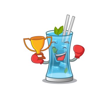 Mavi Hawaii Kokteyl Karikatür Tasarımı 'nın zarif bir boks şampiyonu.