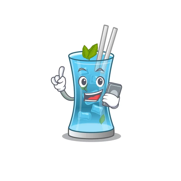 Blue hawai cocktail karikatuur karakter spreken met vrienden aan de telefoon — Stockvector