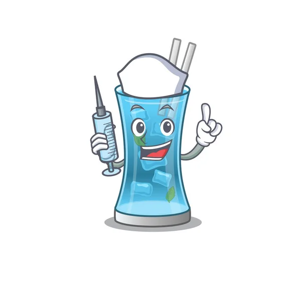 蓝色hawai鸡尾酒谦卑护士吉祥物设计与注射器 — 图库矢量图片