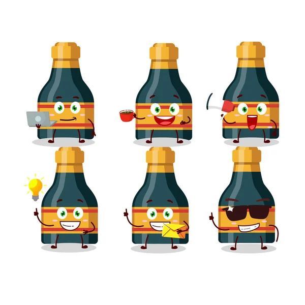 Botella de vino personaje de dibujos animados con varios tipos de emoticonos de negocios — Vector de stock