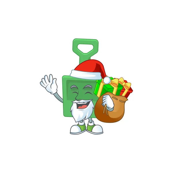 Babbo Natale secchio di sabbia verde disegno del fumetto con sacchi di regali — Vettoriale Stock