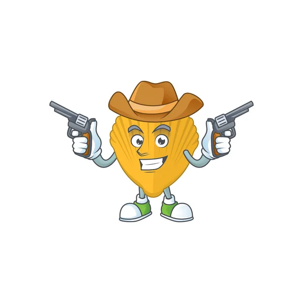 A masculine cowboy cartoon drawing of yellow clamp holding guns — Stock Vector