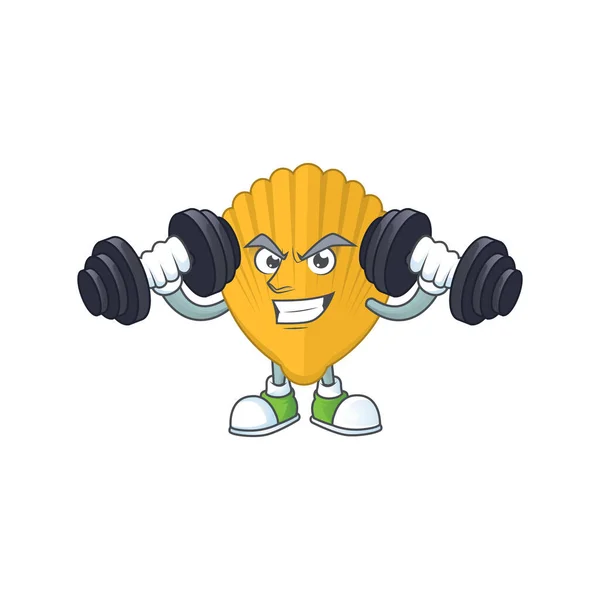 Karikaturenbild einer gelben Klemme beim Training mit Langhanteln in der Turnhalle — Stockvektor