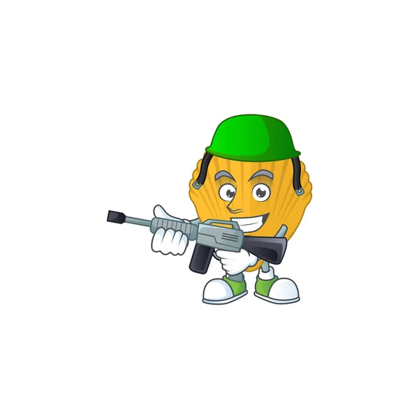 Uma imagem de design mascote de braçadeira amarela como um exército dedicado usando arma automática —  Vetores de Stock