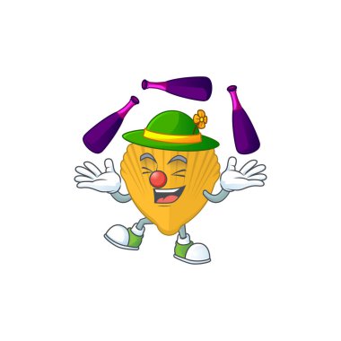 Sarı klemp maskot çizgi film dizaynı sirkte hokkabazlık yapıyor.