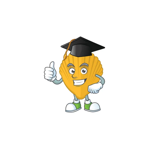 Happy face Mascot σχεδιασμό έννοια του κίτρινου σφιγκτήρα φορώντας ένα καπέλο αποφοίτησης — Διανυσματικό Αρχείο