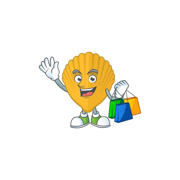 Feliz braçadeira amarela rica Imagem de caricatura com sacos de compras — Vetor de Stock