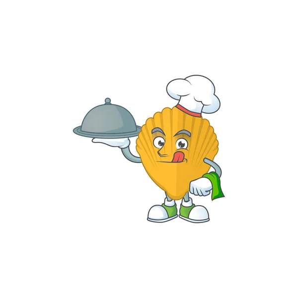 Un diseño de mascota de dibujos animados chef abrazadera amarilla con sombrero y bandeja — Vector de stock